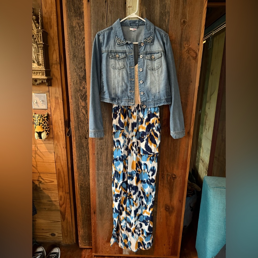 Denim Stud Collar Jacket with Blue Multi-Print Romper